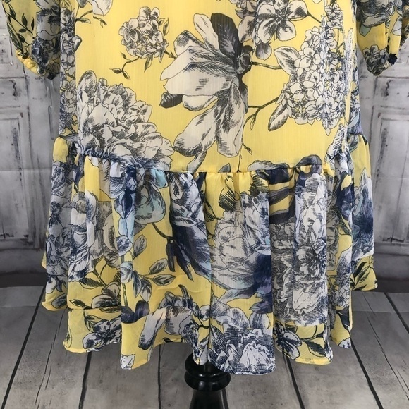 Tommy Hilfiger Large Dress Yellow Blue Floral Crinkle Chiffon Off-the-Shoulder - Picture 5 of 12